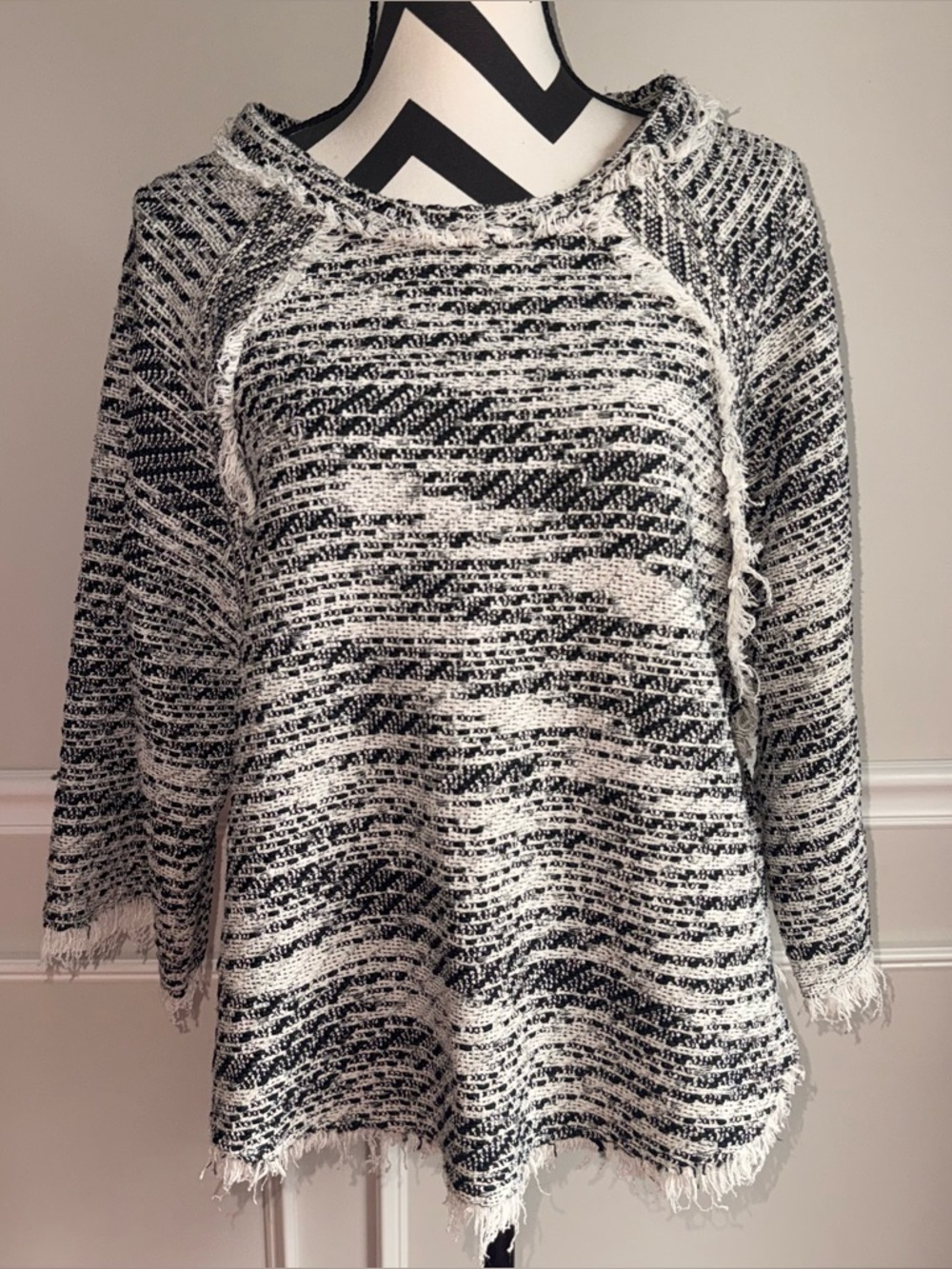 IRO LICIA Frayed Tweed Knit Top 3/4 Sleeve Fringe Sweater Cotton Blend Gray 40 - Picture 2 of 7
